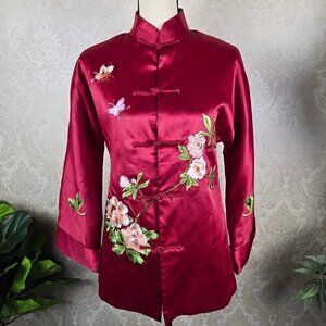 TCH Size Medium Red Asian Style Jacket Frog Closures Embroidered Flowers Lined